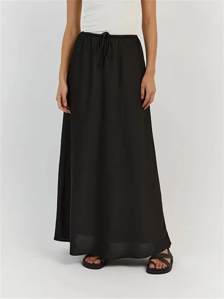 Meladyan Woman Drawstring High Elastic Waist Maxi Long Skirt A Line Flare Solid Slim Fitted Going Out Casual Midi Skirts