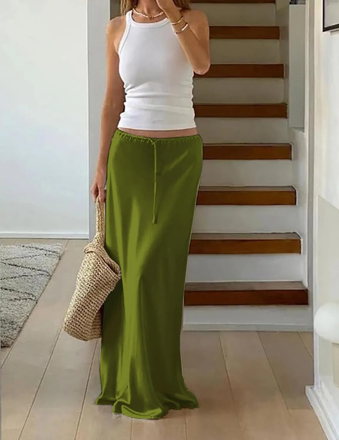 Meladyan Woman Drawstring High Elastic Waist Maxi Long Skirt A Line Flare Solid Slim Fitted Going Out Casual Midi Skirts