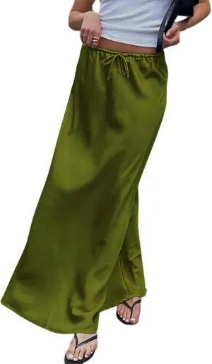 Meladyan Woman Drawstring High Elastic Waist Maxi Long Skirt A Line Flare Solid Slim Fitted Going Out Casual Midi Skirts