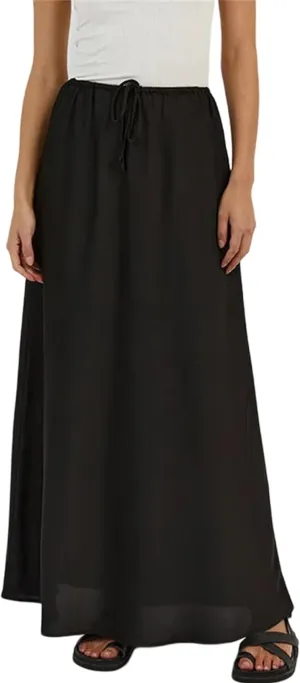 Meladyan Woman Drawstring High Elastic Waist Maxi Long Skirt A Line Flare Solid Slim Fitted Going Out Casual Midi Skirts