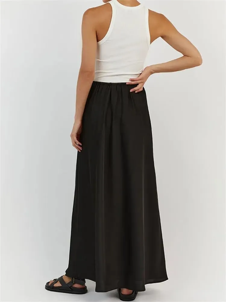 Meladyan Woman Drawstring High Elastic Waist Maxi Long Skirt A Line Flare Solid Slim Fitted Going Out Casual Midi Skirts