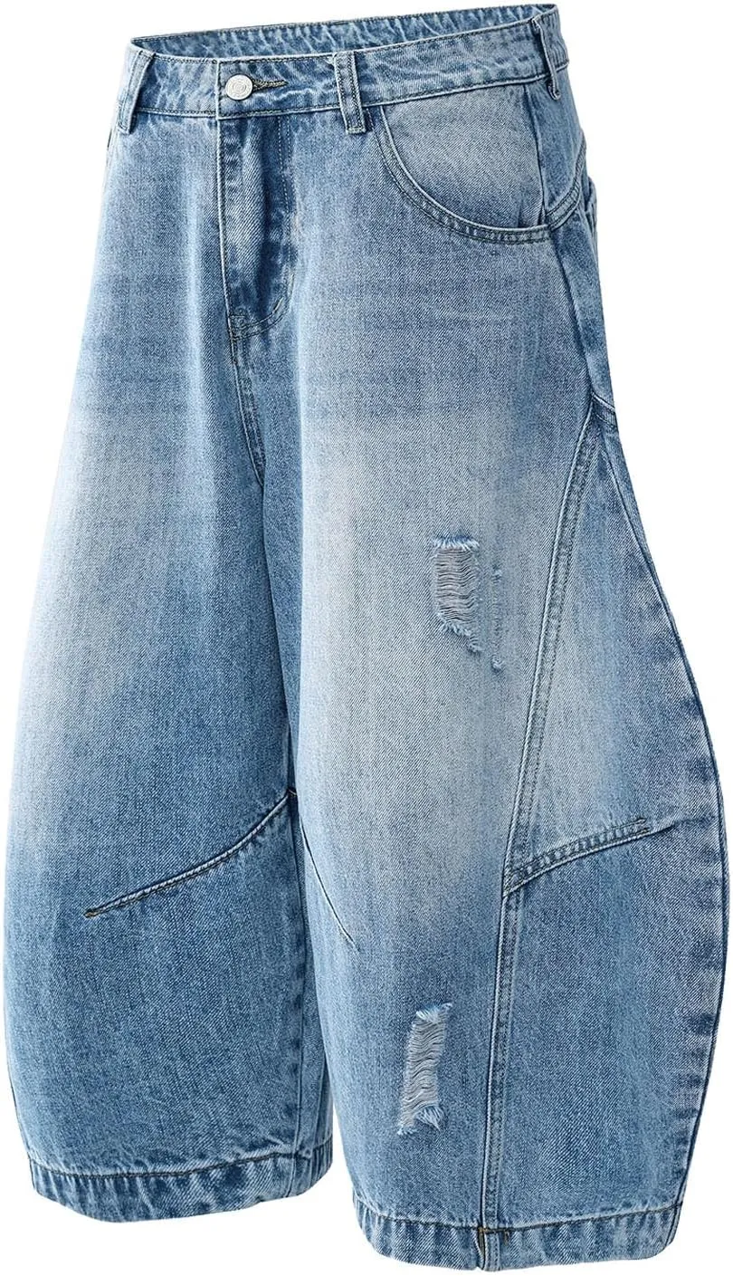 Men Baggy Denim Jorts Y2K Grunge Loose Fit Hip Hop Jean Shorts Casual Long Jeans with Pockets Streetwear