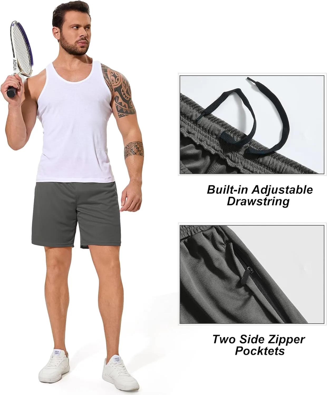Men Drawstring Athletic Shorts Elastic Waistband Running Shorts Quick Dry Activewear Gym Workout Shorts
