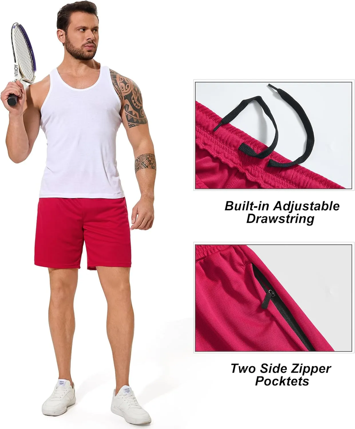 Men Drawstring Athletic Shorts Elastic Waistband Running Shorts Quick Dry Activewear Gym Workout Shorts
