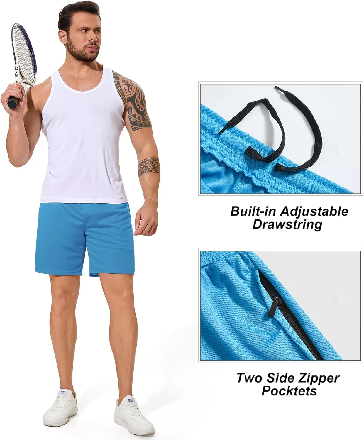 Men Drawstring Athletic Shorts Elastic Waistband Running Shorts Quick Dry Activewear Gym Workout Shorts