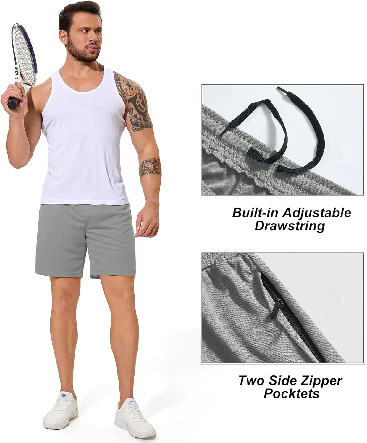 Men Drawstring Athletic Shorts Elastic Waistband Running Shorts Quick Dry Activewear Gym Workout Shorts
