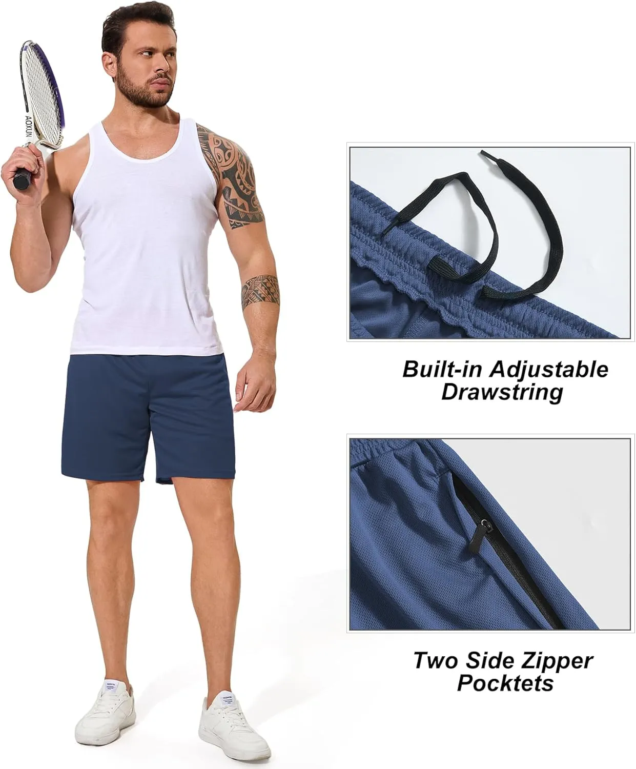 Men Drawstring Athletic Shorts Elastic Waistband Running Shorts Quick Dry Activewear Gym Workout Shorts