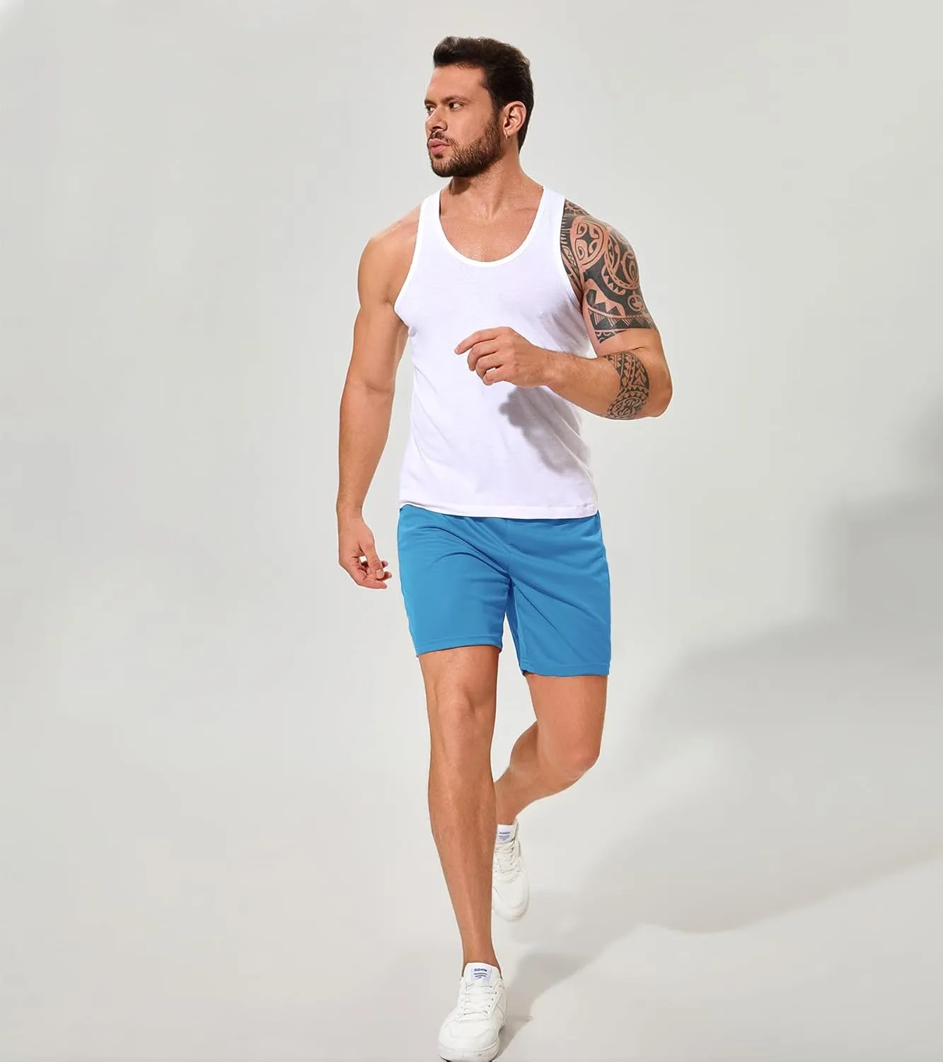 Men Drawstring Athletic Shorts Elastic Waistband Running Shorts Quick Dry Activewear Gym Workout Shorts