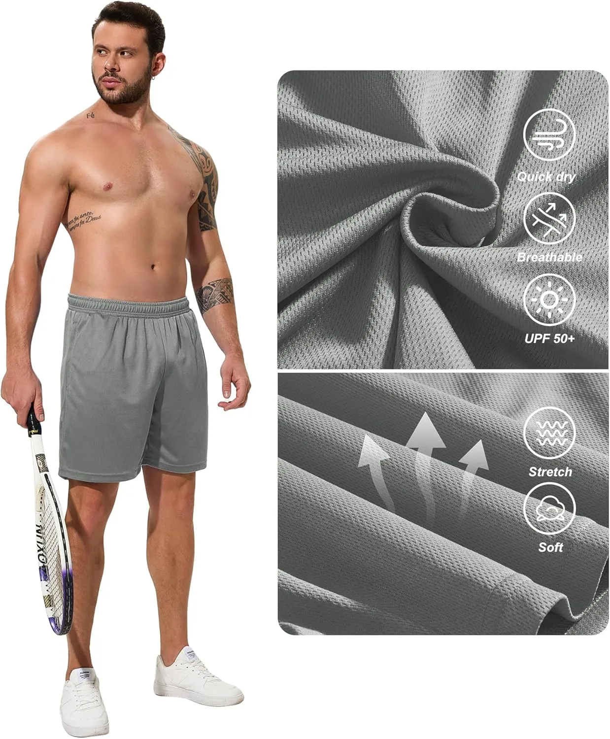 Men Drawstring Athletic Shorts Elastic Waistband Running Shorts Quick Dry Activewear Gym Workout Shorts