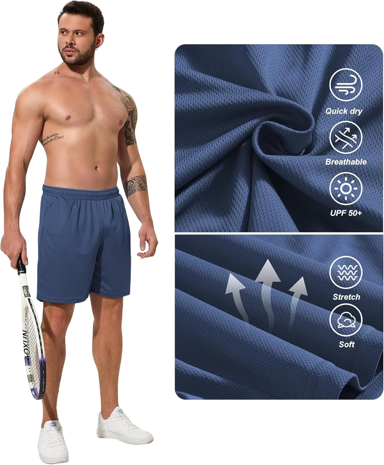 Men Drawstring Athletic Shorts Elastic Waistband Running Shorts Quick Dry Activewear Gym Workout Shorts