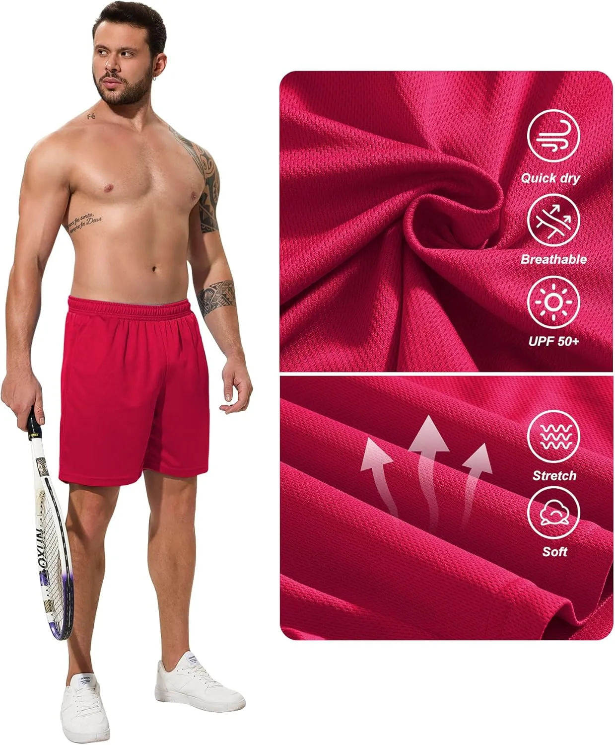Men Drawstring Athletic Shorts Elastic Waistband Running Shorts Quick Dry Activewear Gym Workout Shorts