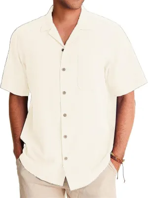 Mens Button Down Shirts Summer Casual Beach T-Shirts Short Sleeve V-neck Lapel Tops Solid Color Loose Comfy Tees