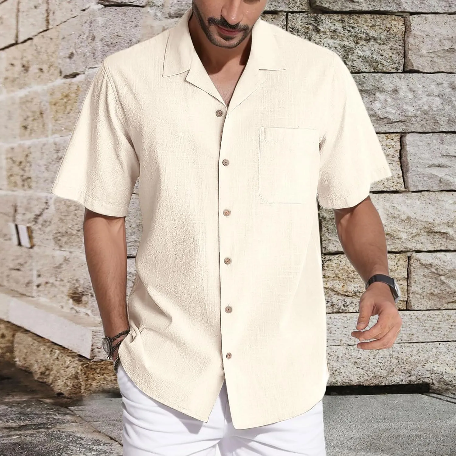 Mens Button Down Shirts Summer Casual Beach T-Shirts Short Sleeve V-neck Lapel Tops Solid Color Loose Comfy Tees