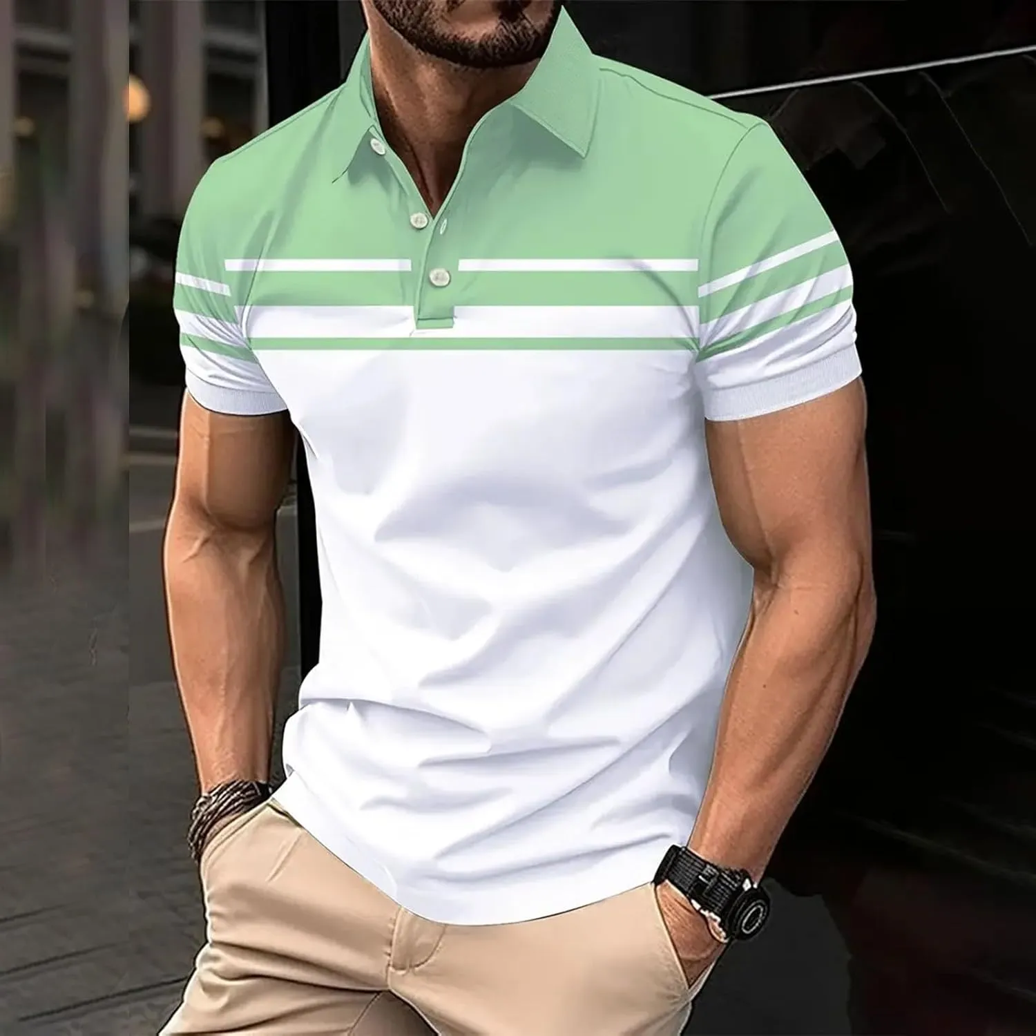 Mens Classic Striped Golf Shirt Moisture Wicking Quick Dry Slim Fit T-Shirts Performance Sport Short Sleeve Collared