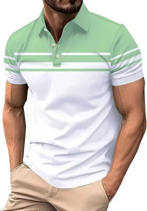 Mens Classic Striped Golf Shirt Moisture Wicking Quick Dry Slim Fit T-Shirts Performance Sport Short Sleeve Collared