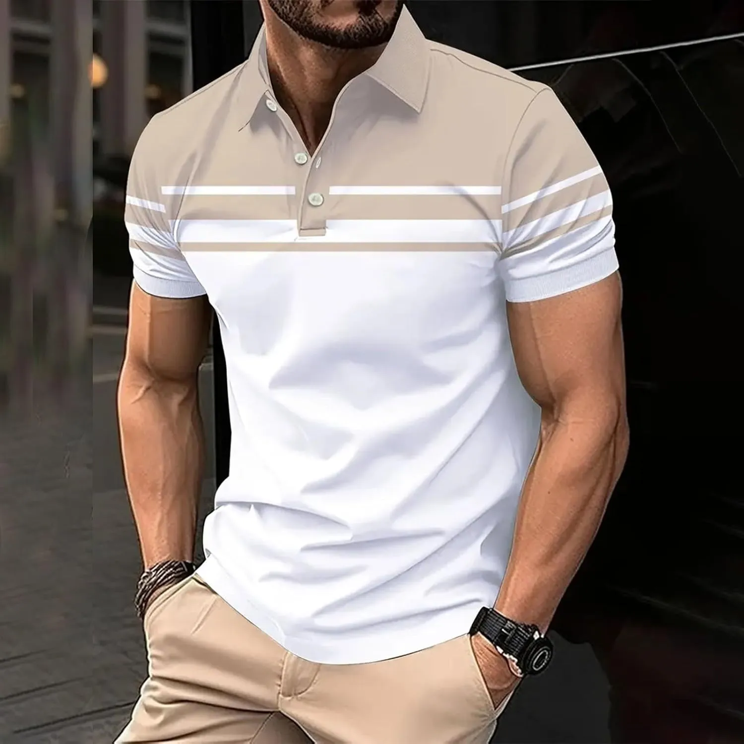 Mens Classic Striped Golf Shirt Moisture Wicking Quick Dry Slim Fit T-Shirts Performance Sport Short Sleeve Collared