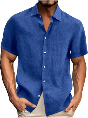 Mens Linen Shirt 2024 Summer Casual Short Sleeve Button Down Beach Lightweight Tshirt Hawaiian Vacation Shirts Outfit