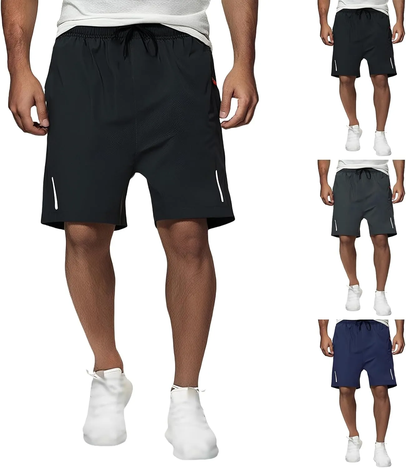 Mens Running Athletic Shorts Outdoor Quick Dry Reflective Strips Short Sport Stretch Active Shorts with Zipper Pocket