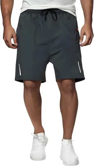 Mens Running Athletic Shorts Outdoor Quick Dry Reflective Strips Short Sport Stretch Active Shorts with Zipper Pocket