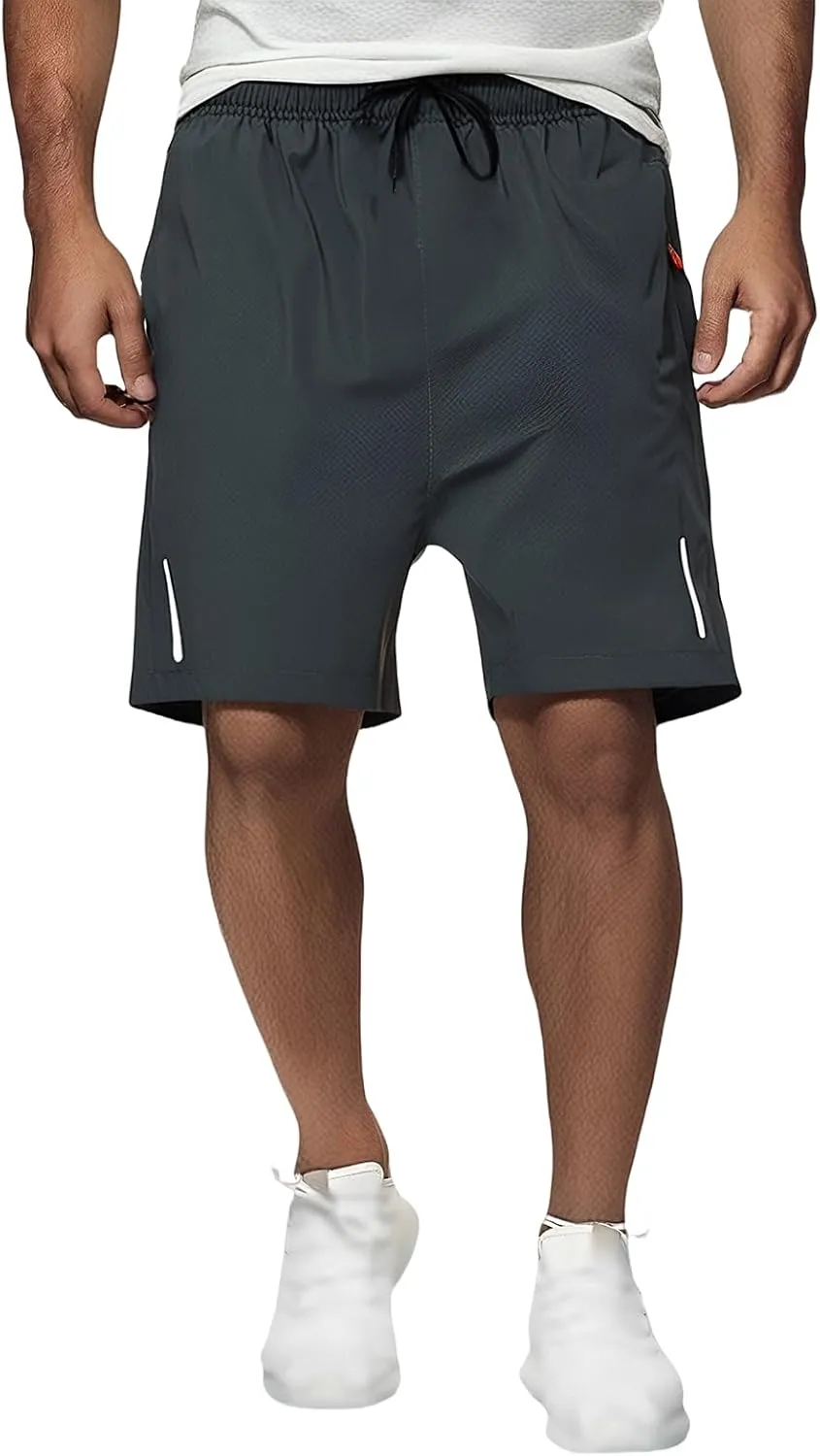 Mens Running Athletic Shorts Outdoor Quick Dry Reflective Strips Short Sport Stretch Active Shorts with Zipper Pocket