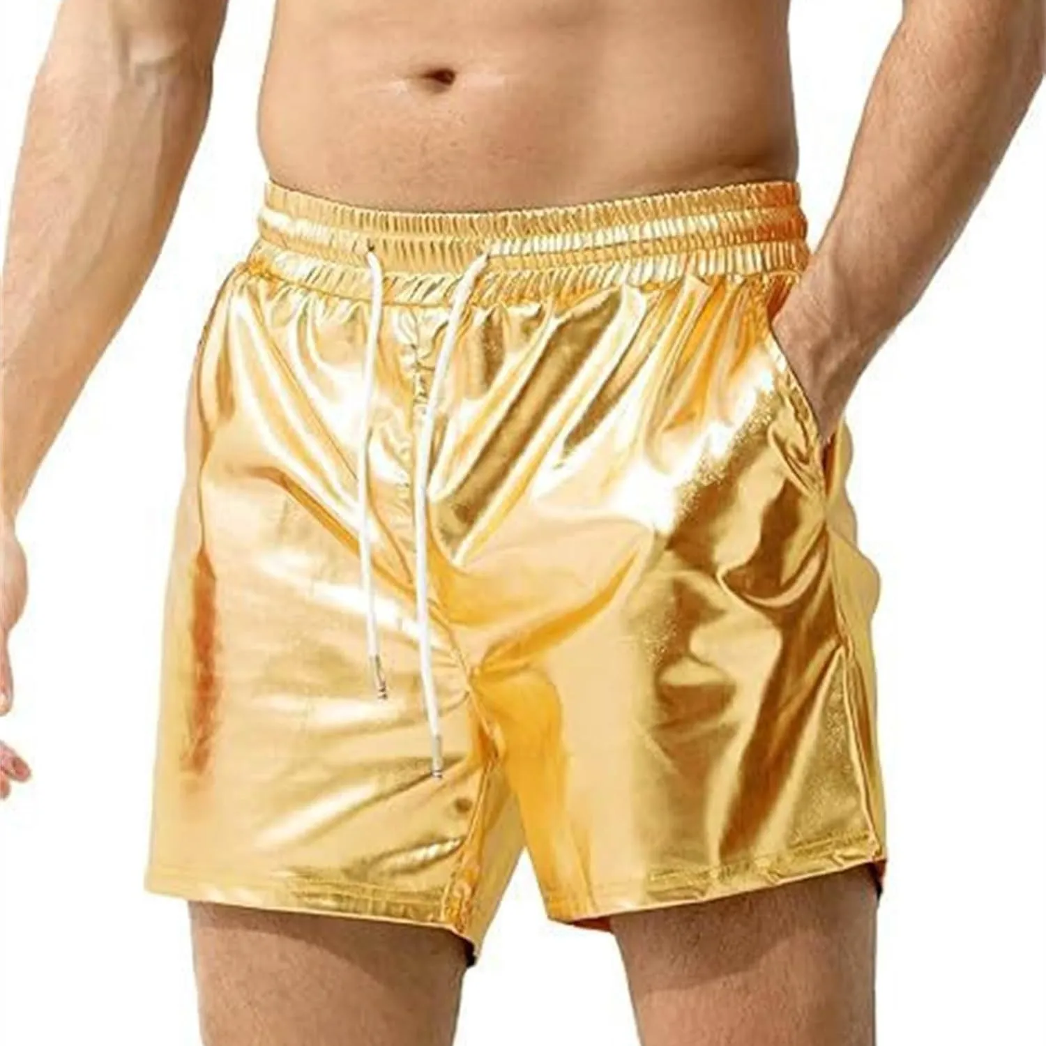 Men's Shorts Casual Faux Leather Elastic Waist Quick Dry Athletic Short Pants Lightweight Nightclub Shorts Pockets