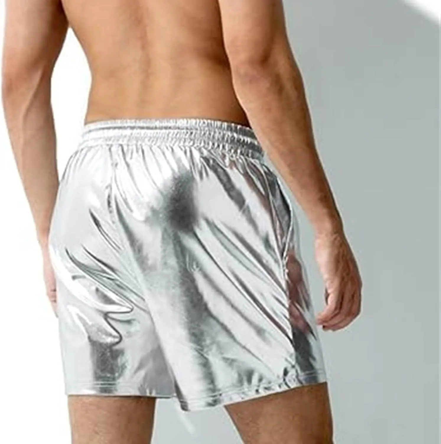 Men's Shorts Casual Faux Leather Elastic Waist Quick Dry Athletic Short Pants Lightweight Nightclub Shorts Pockets