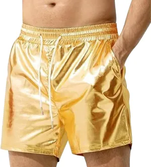 Men's Shorts Casual Faux Leather Elastic Waist Quick Dry Athletic Short Pants Lightweight Nightclub Shorts Pockets