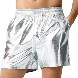 Men's Shorts Casual Faux Leather Elastic Waist Quick Dry Athletic Short Pants Lightweight Nightclub Shorts Pockets