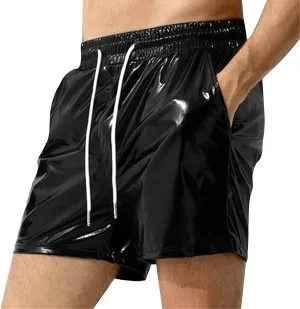 Men's Shorts Casual Faux Leather Elastic Waist Quick Dry Athletic Short Pants Lightweight Nightclub Shorts Pockets