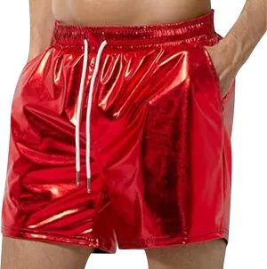 Men's Shorts Casual Faux Leather Elastic Waist Quick Dry Athletic Short Pants Lightweight Nightclub Shorts Pockets