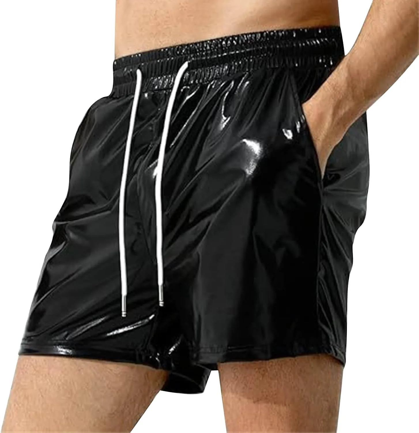 Men's Shorts Casual Faux Leather Elastic Waist Quick Dry Athletic Short Pants Lightweight Nightclub Shorts Pockets