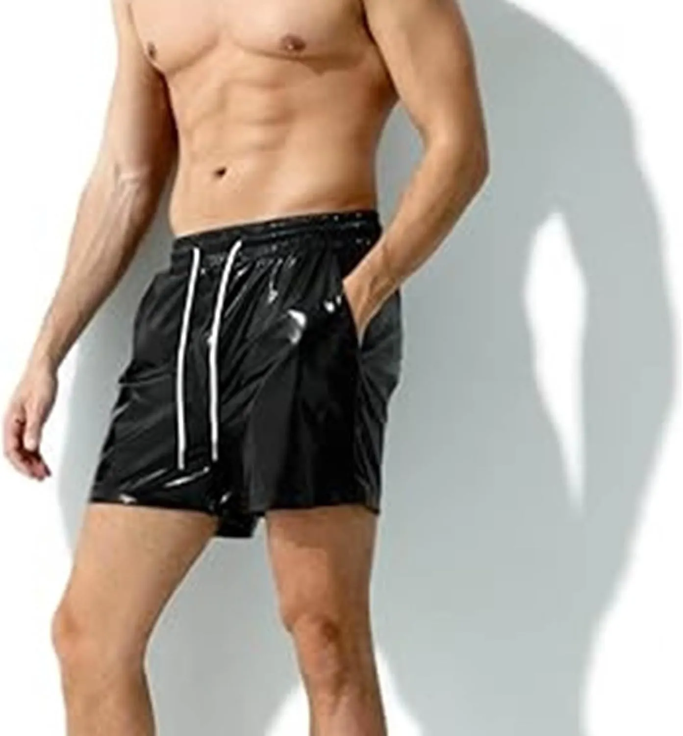 Men's Shorts Casual Faux Leather Elastic Waist Quick Dry Athletic Short Pants Lightweight Nightclub Shorts Pockets