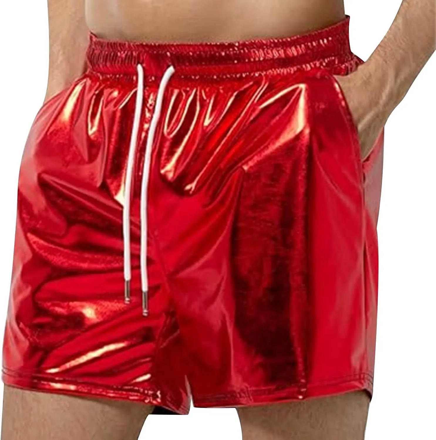 Men's Shorts Casual Faux Leather Elastic Waist Quick Dry Athletic Short Pants Lightweight Nightclub Shorts Pockets