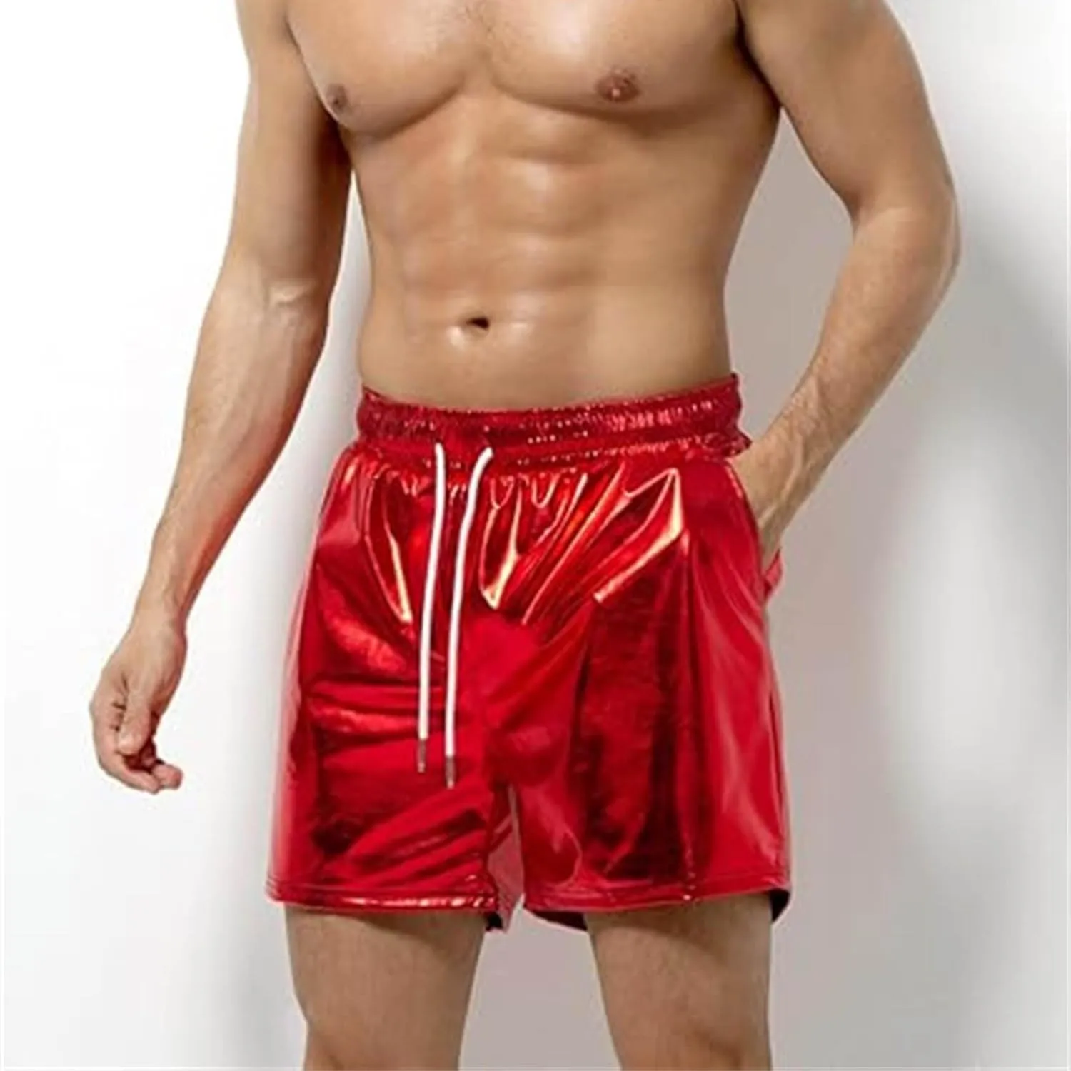 Men's Shorts Casual Faux Leather Elastic Waist Quick Dry Athletic Short Pants Lightweight Nightclub Shorts Pockets