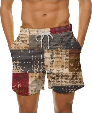 Mens Shorts Summer Casual Beach Shorts Lightweight Elastic Waist Drawstring Board Shorts Patch Plaid Print Swim Shorts
