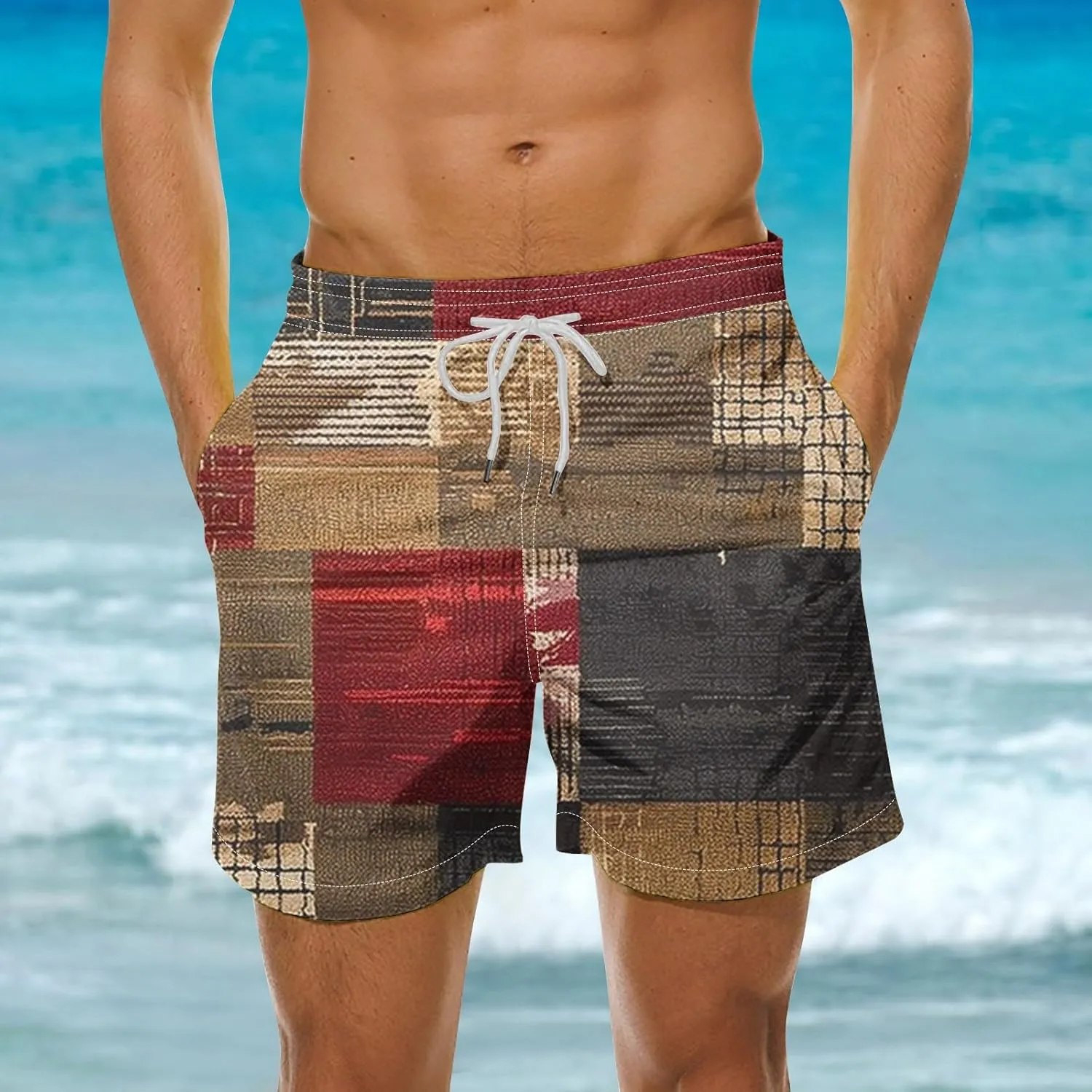 Mens Shorts Summer Casual Beach Shorts Lightweight Elastic Waist Drawstring Board Shorts Patch Plaid Print Swim Shorts