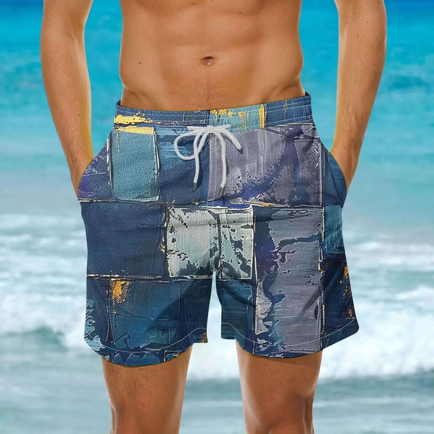 Mens Shorts Summer Casual Beach Shorts Lightweight Elastic Waist Drawstring Board Shorts Patch Plaid Print Swim Shorts