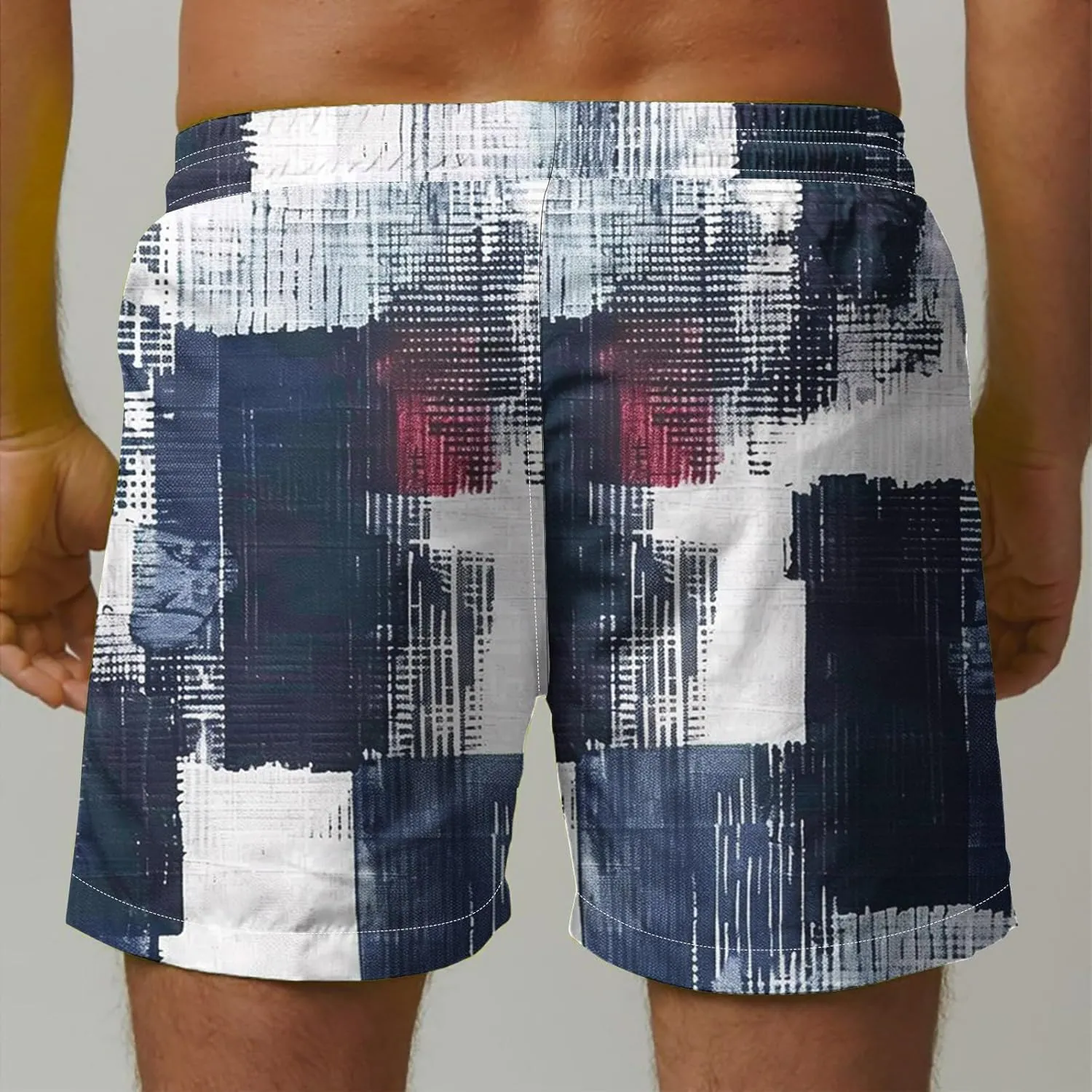 Mens Shorts Summer Casual Beach Shorts Lightweight Elastic Waist Drawstring Board Shorts Patch Plaid Print Swim Shorts