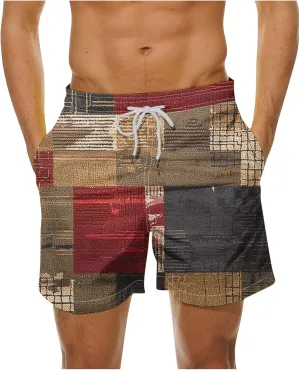 Mens Shorts Summer Casual Beach Shorts Lightweight Elastic Waist Drawstring Board Shorts Patch Plaid Print Swim Shorts