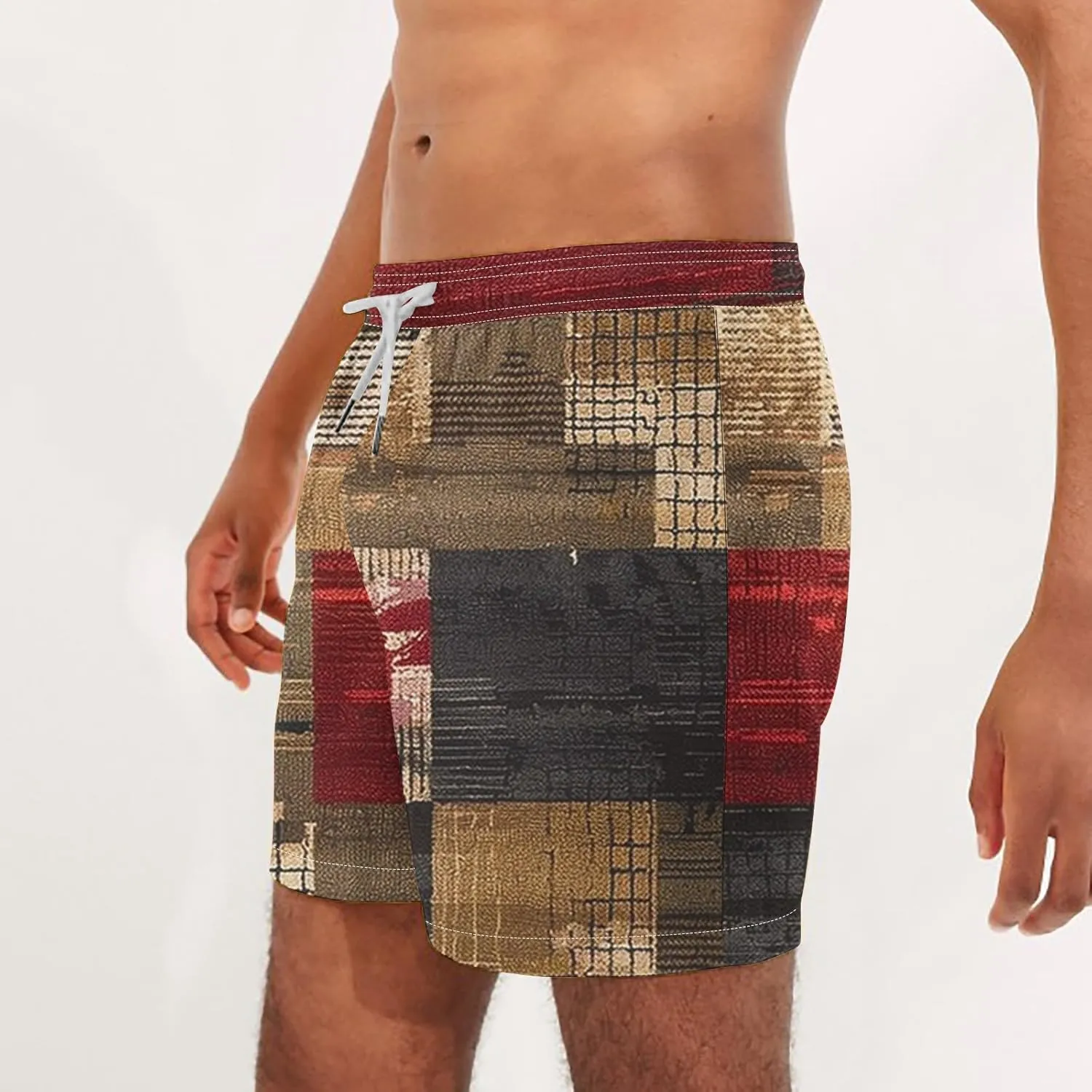 Mens Shorts Summer Casual Beach Shorts Lightweight Elastic Waist Drawstring Board Shorts Patch Plaid Print Swim Shorts