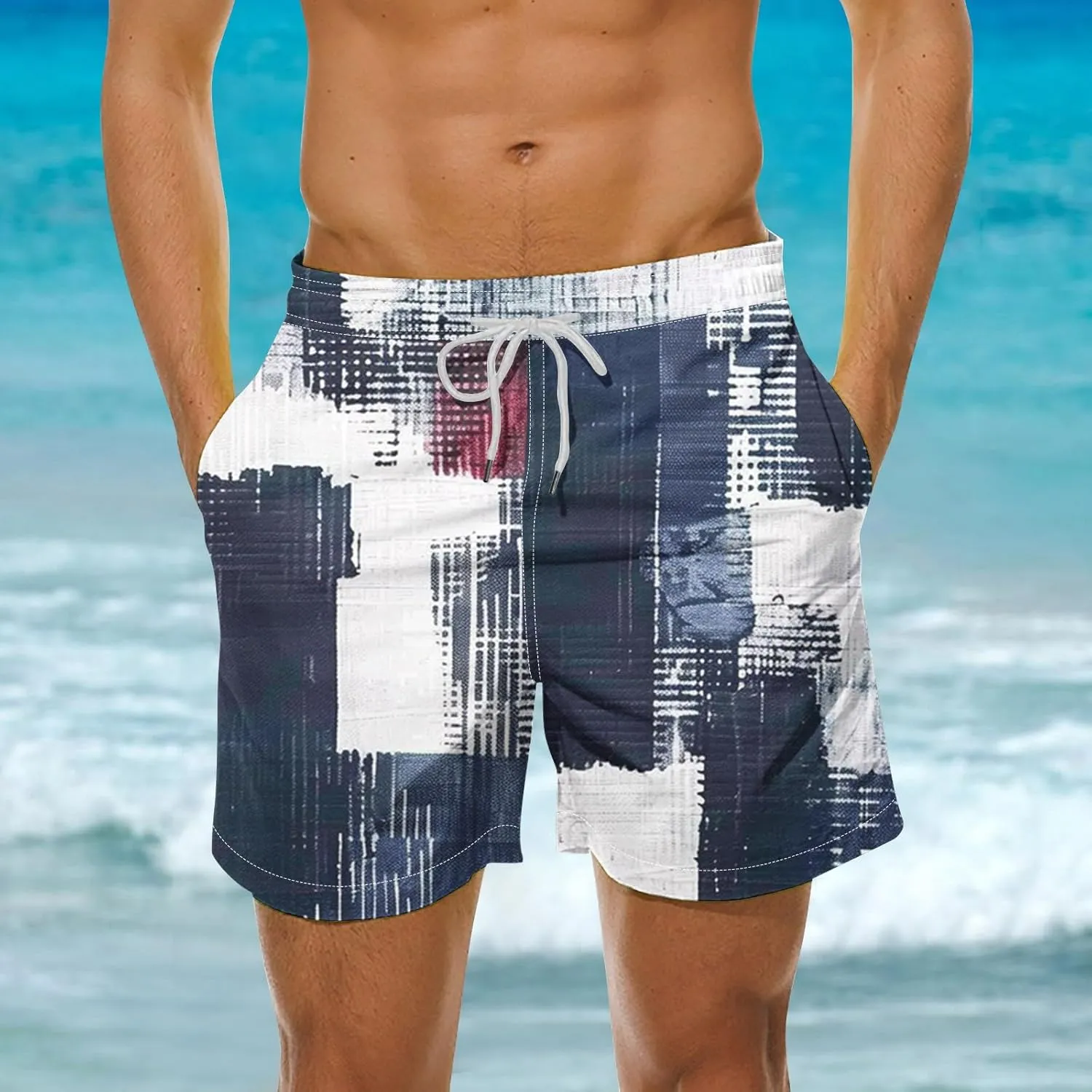 Mens Shorts Summer Casual Beach Shorts Lightweight Elastic Waist Drawstring Board Shorts Patch Plaid Print Swim Shorts