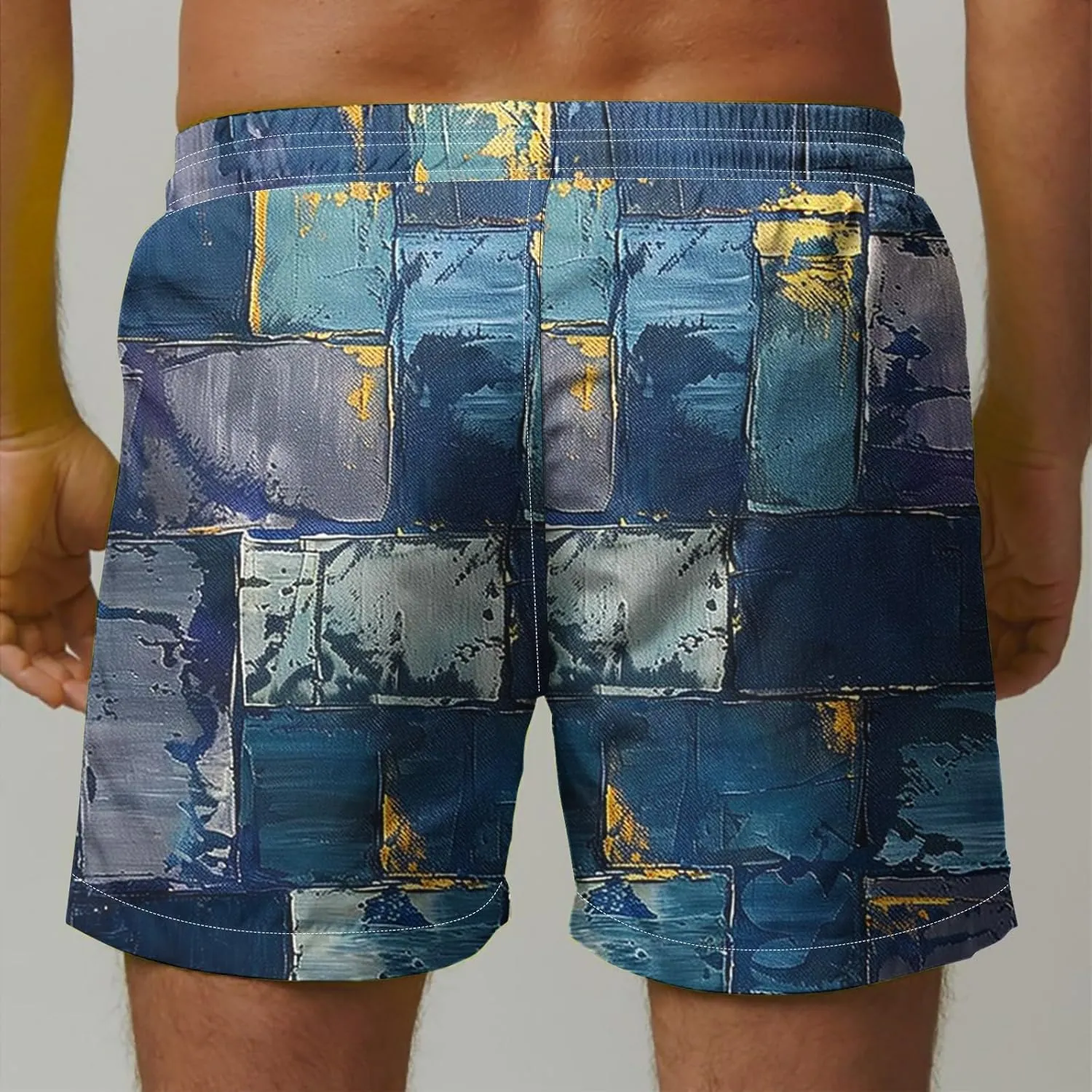 Mens Shorts Summer Casual Beach Shorts Lightweight Elastic Waist Drawstring Board Shorts Patch Plaid Print Swim Shorts