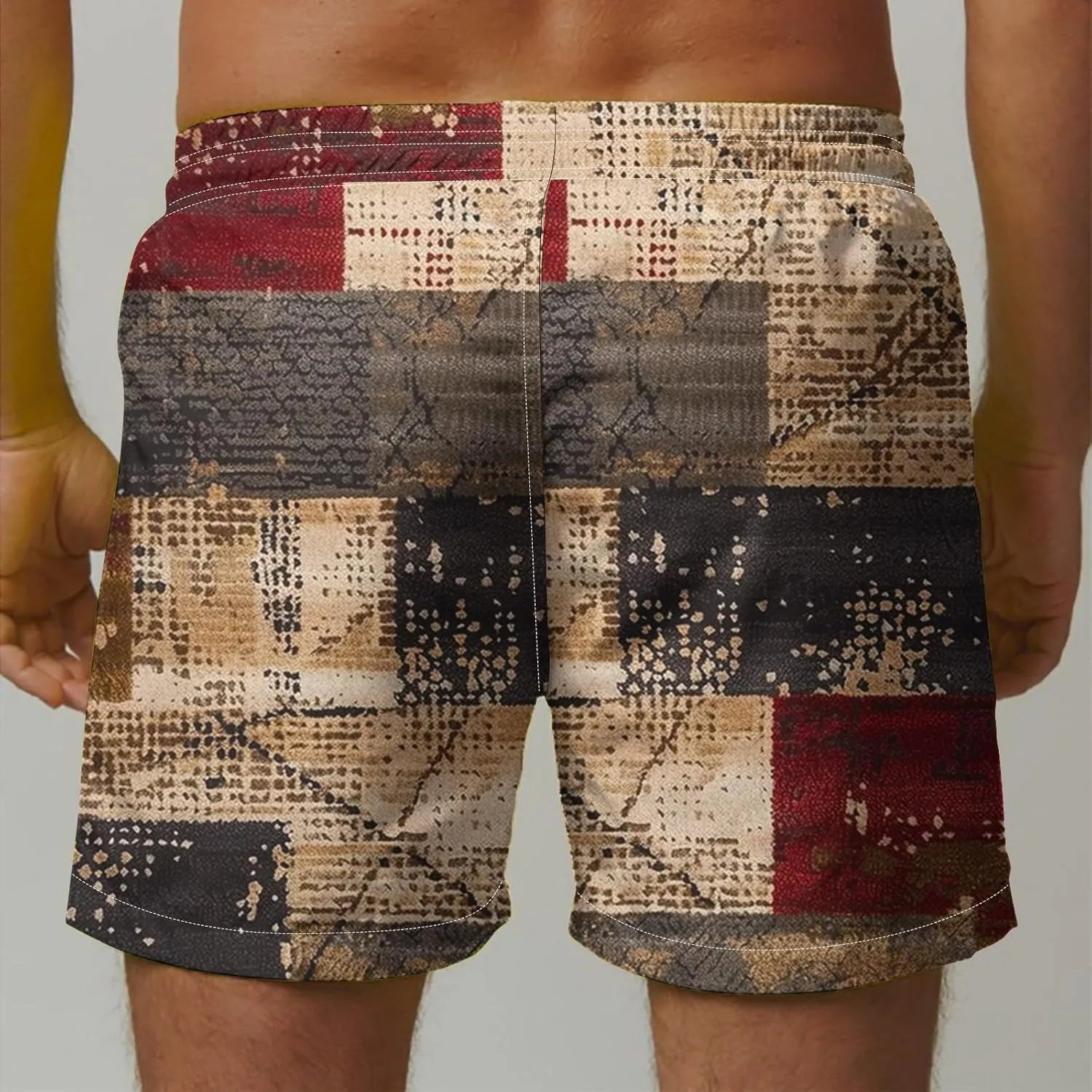 Mens Shorts Summer Casual Beach Shorts Lightweight Elastic Waist Drawstring Board Shorts Patch Plaid Print Swim Shorts
