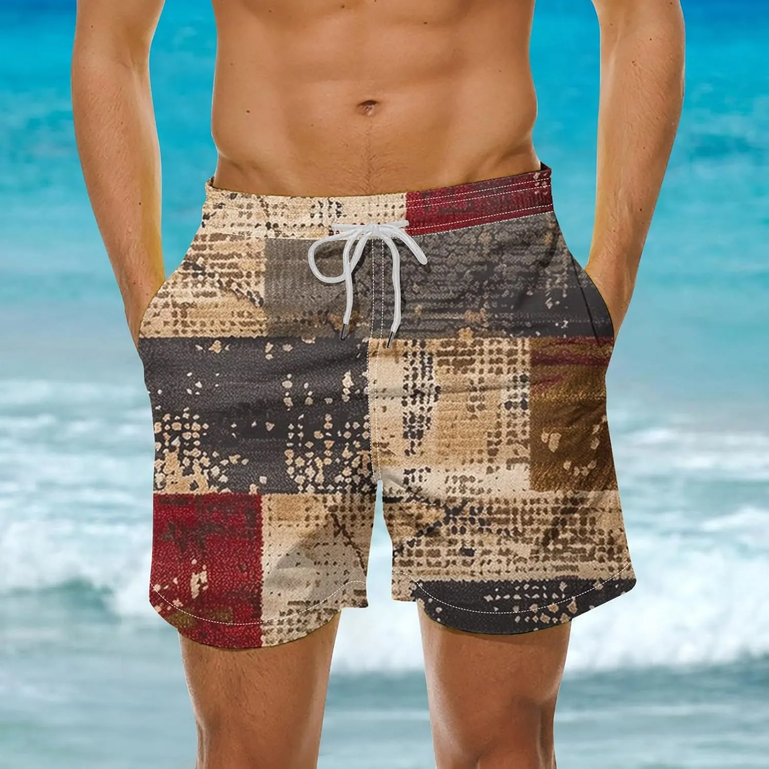 Mens Shorts Summer Casual Beach Shorts Lightweight Elastic Waist Drawstring Board Shorts Patch Plaid Print Swim Shorts