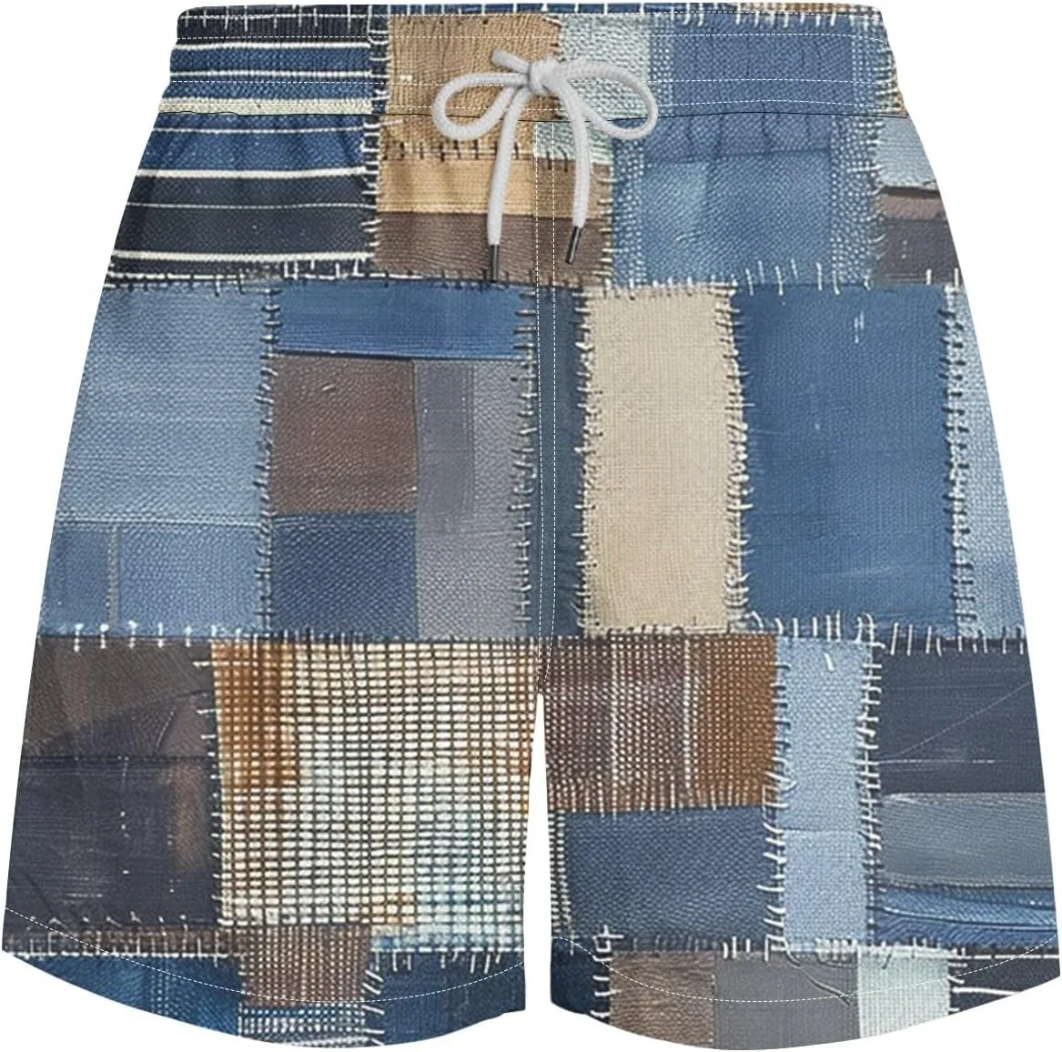 Mens Shorts Summer Casual Beach Shorts Lightweight Elastic Waist Drawstring Board Shorts Patch Plaid Print Swim Shorts