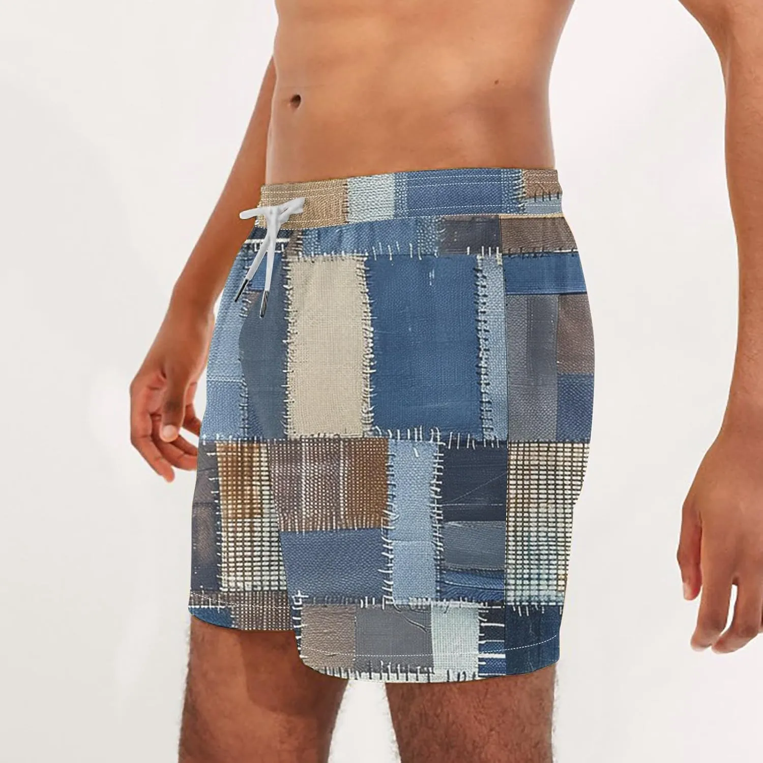 Mens Shorts Summer Casual Beach Shorts Lightweight Elastic Waist Drawstring Board Shorts Patch Plaid Print Swim Shorts