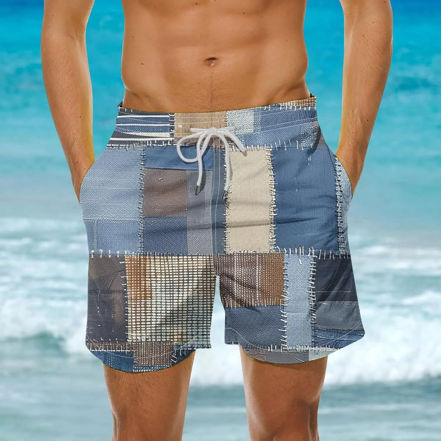 Mens Shorts Summer Casual Beach Shorts Lightweight Elastic Waist Drawstring Board Shorts Patch Plaid Print Swim Shorts