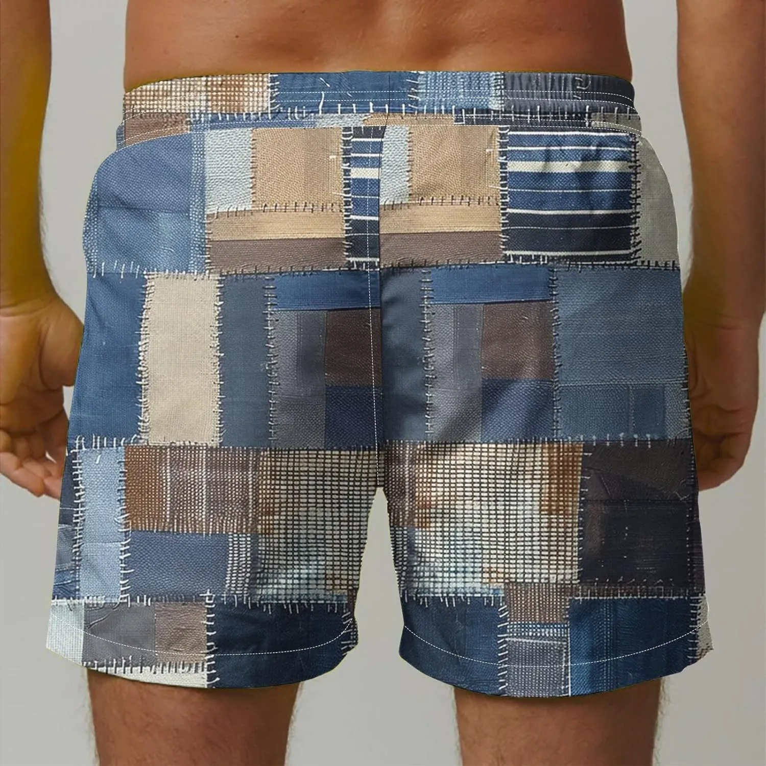 Mens Shorts Summer Casual Beach Shorts Lightweight Elastic Waist Drawstring Board Shorts Patch Plaid Print Swim Shorts