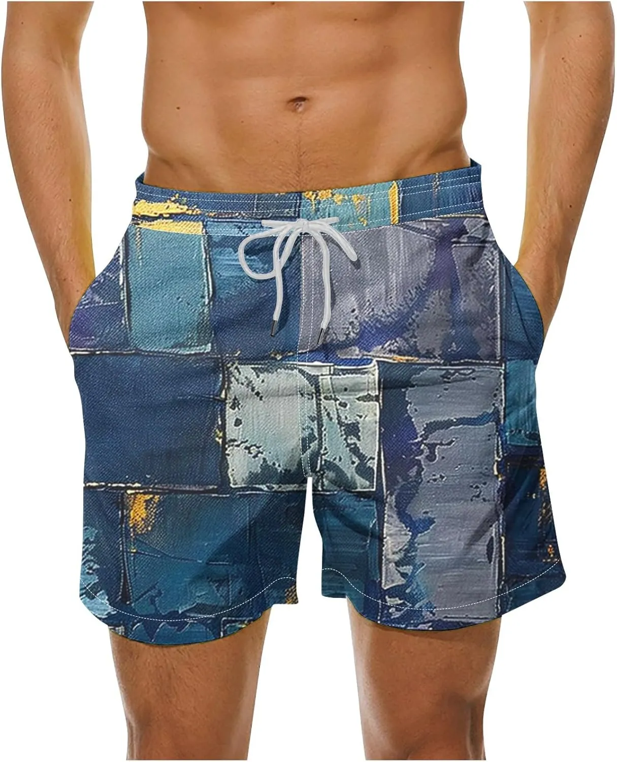 Mens Shorts Summer Casual Beach Shorts Lightweight Elastic Waist Drawstring Board Shorts Patch Plaid Print Swim Shorts