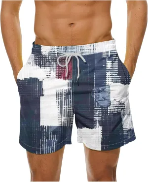 Mens Shorts Summer Casual Beach Shorts Lightweight Elastic Waist Drawstring Board Shorts Patch Plaid Print Swim Shorts